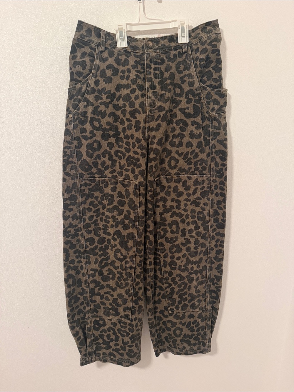 Leopard Print Barrel Wide Leg Jeans - Olive/Black